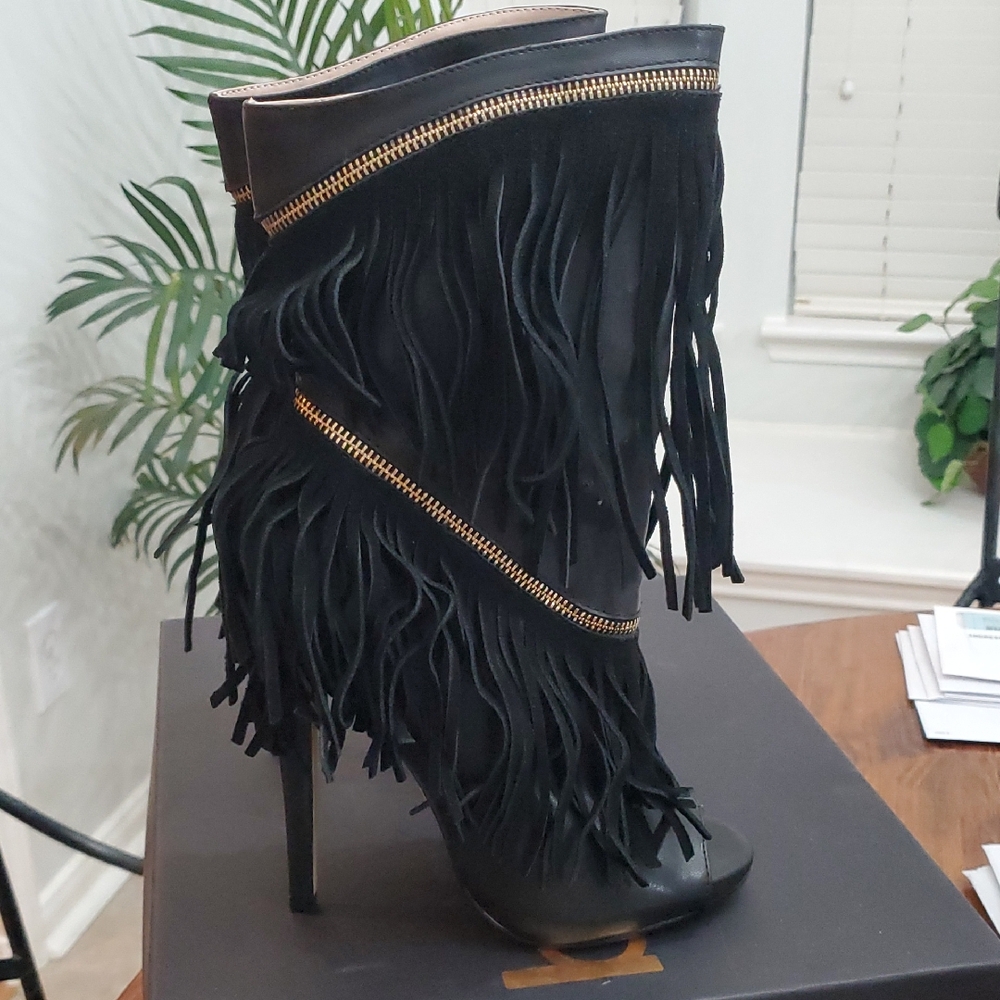 bebe Black and Gold Fringed Heeled Boots